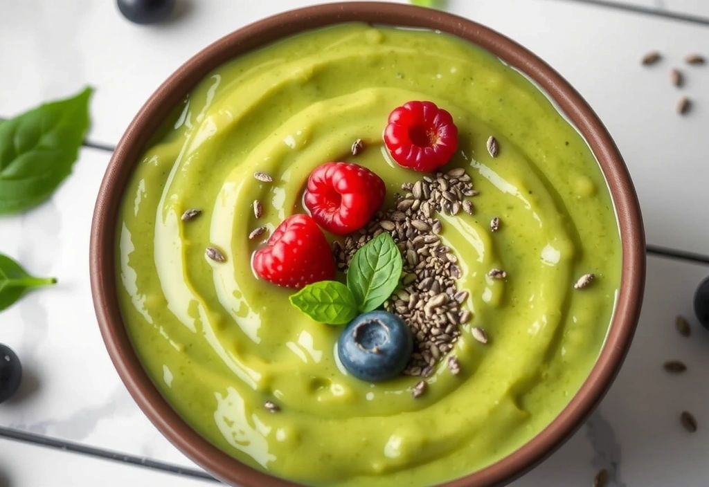 A bowl of creamy, vibrant green avocado and spinach smoothie.