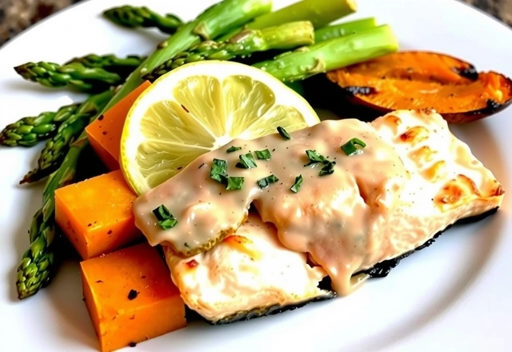 A perfectly seared salmon fillet with roasted asparagus and sweet potatoes.