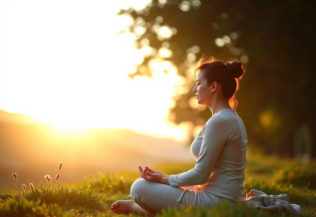 A person meditating peacefully in a serene natural setting, representing mental wellness.