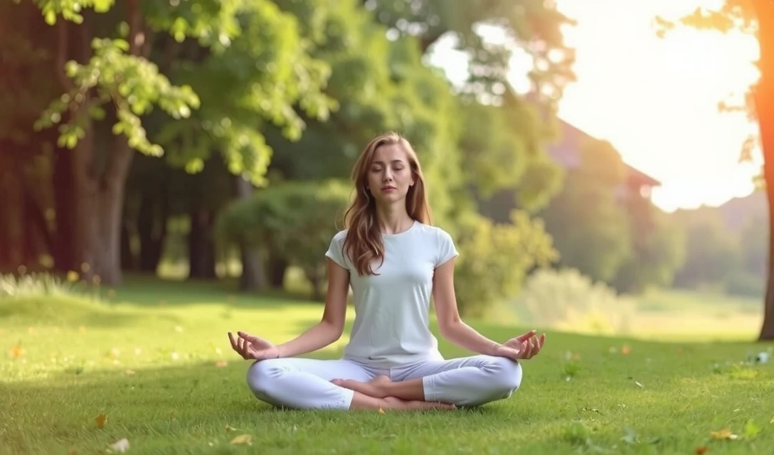A person meditating peacefully in a serene natural setting, symbolizing mental clarity and stress reduction. No text.