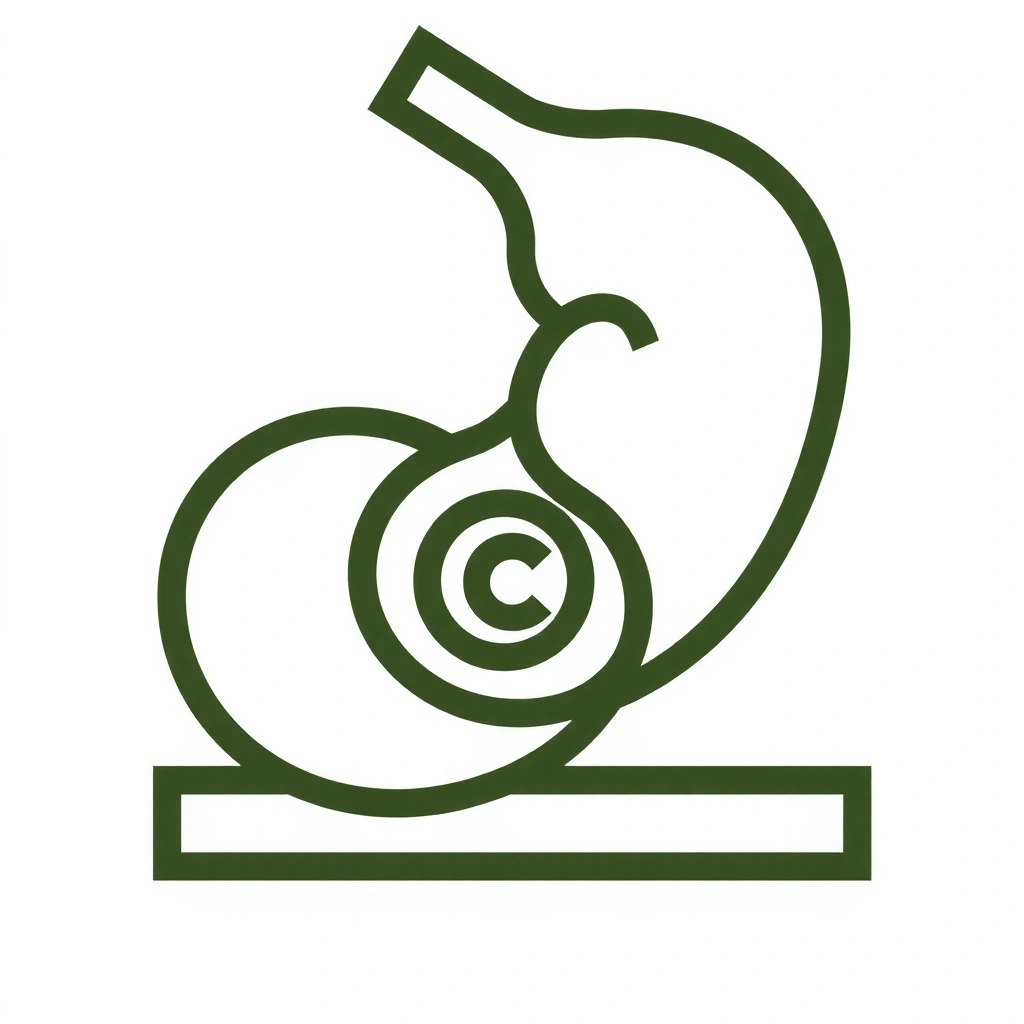 A stylized icon representing a healthy digestive system, perhaps a stomach with a leaf.