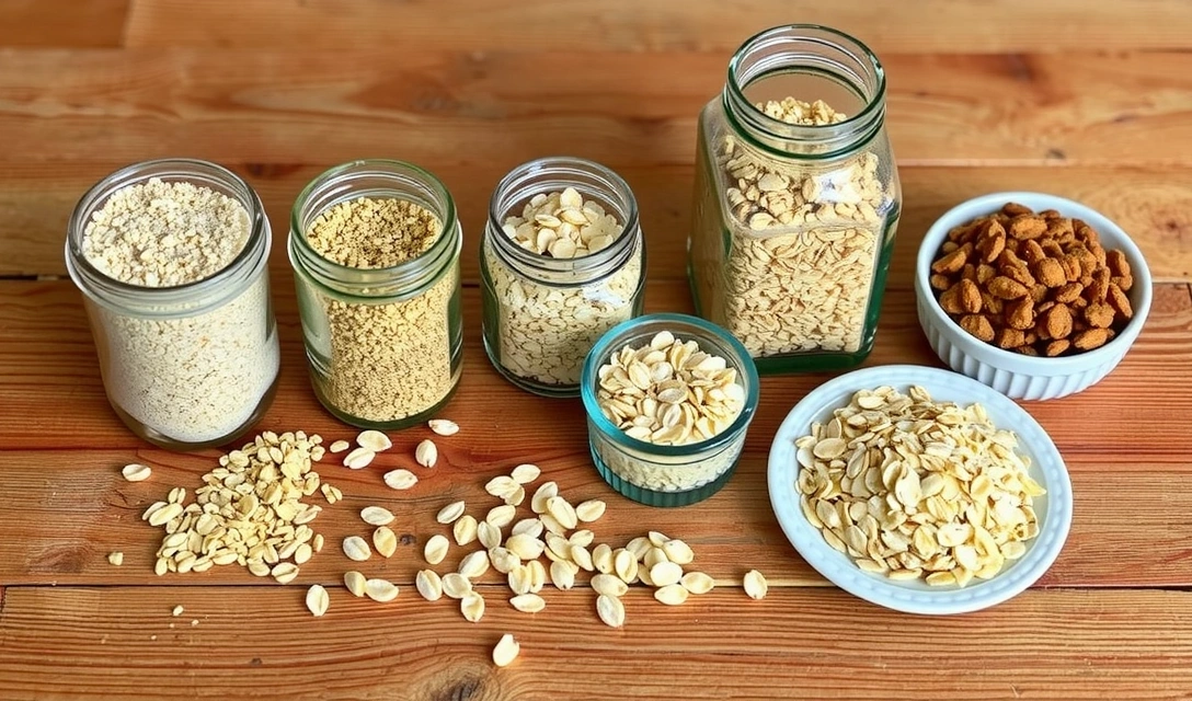 Various whole grains like quinoa, oats, and brown rice displayed in separate glass jars, highlighting their natural goodness. No text.