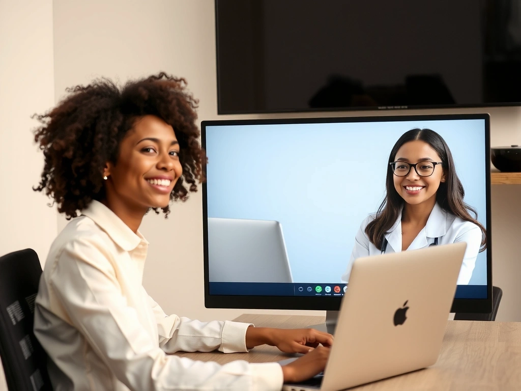 Graphic illustrating online interaction with a health specialist